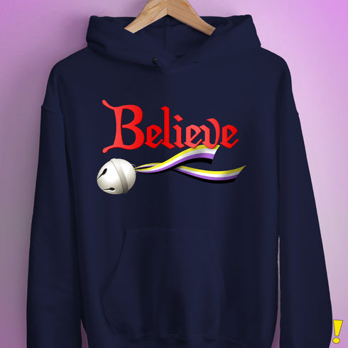 Believe Nonbinary Pride Jingle Bell Hoodie - Navy
